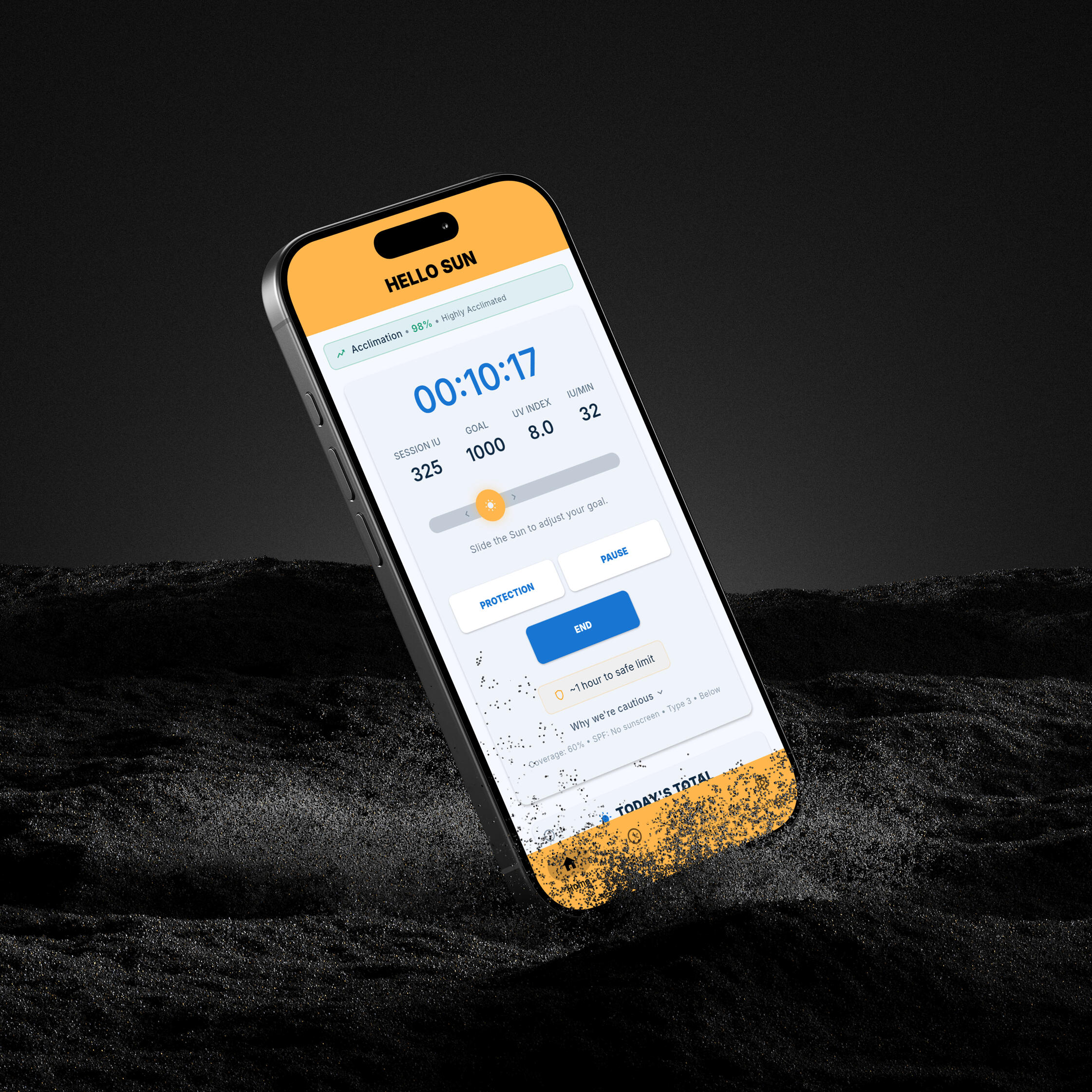 Hello Sun session timer screen showing UV index, goal progress, and burn-safe session controls
