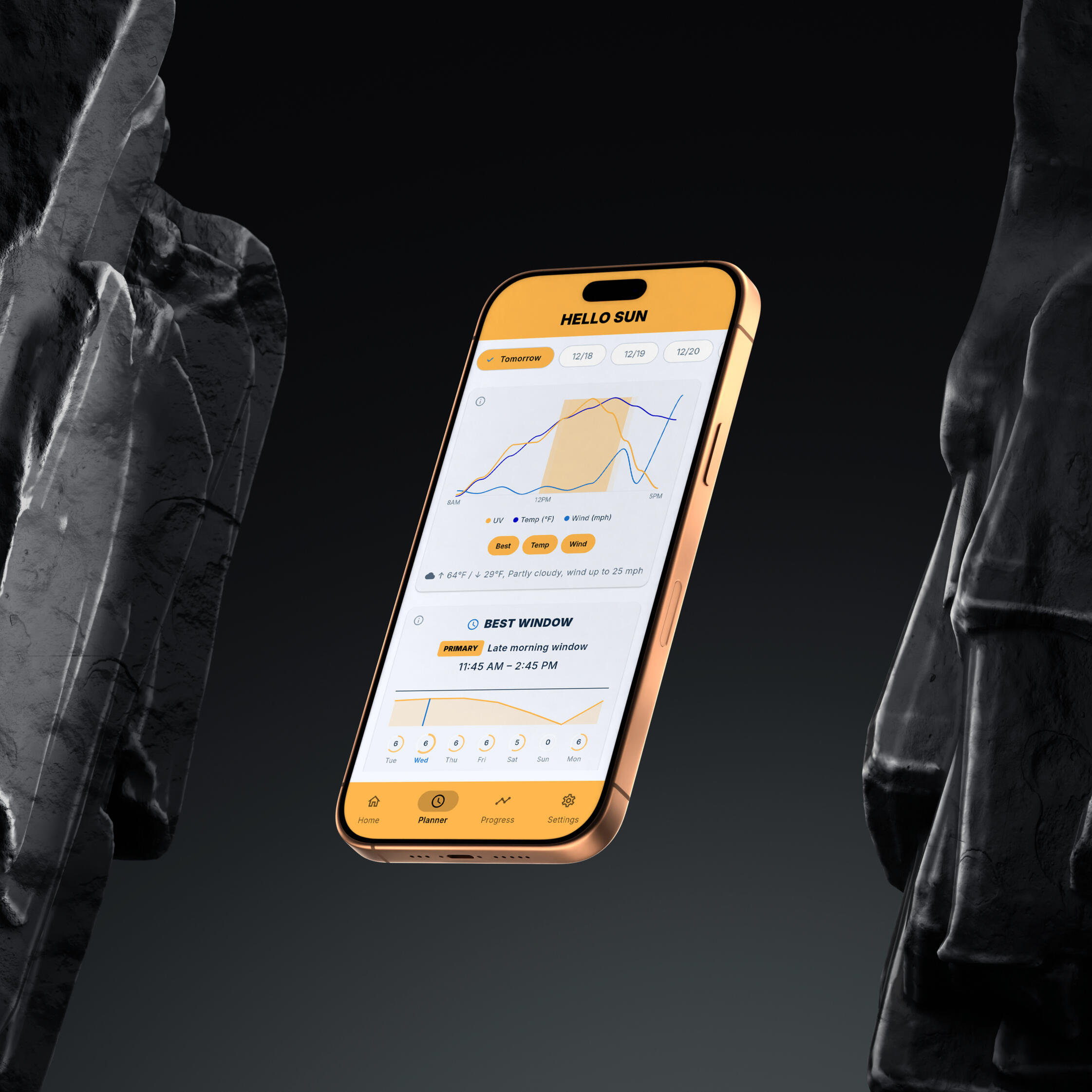 Hello Sun planner screen showing UV forecast graph and best window for safe sun exposure