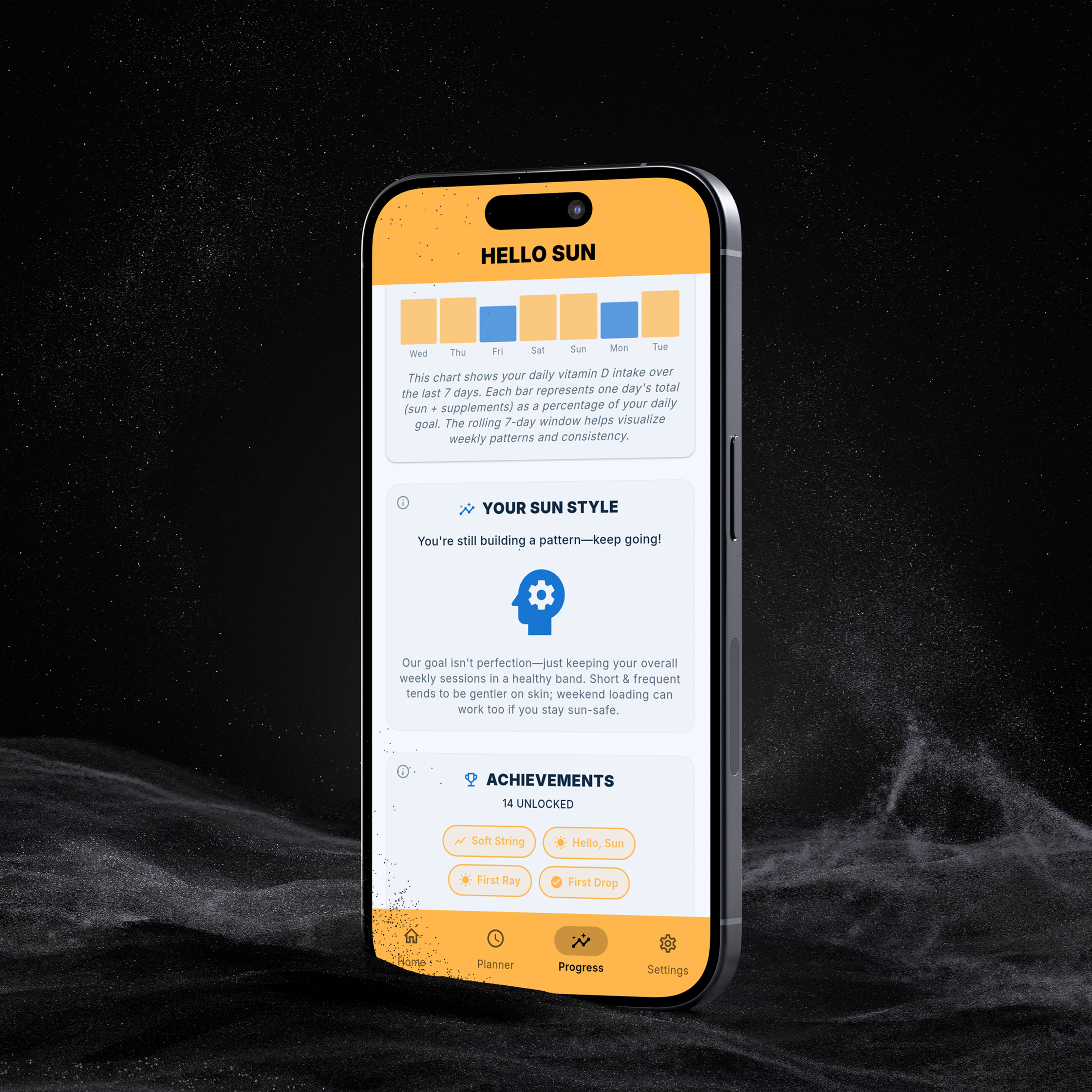 Hello Sun progress screen showing weekly vitamin D chart, sun style insight, and achievements