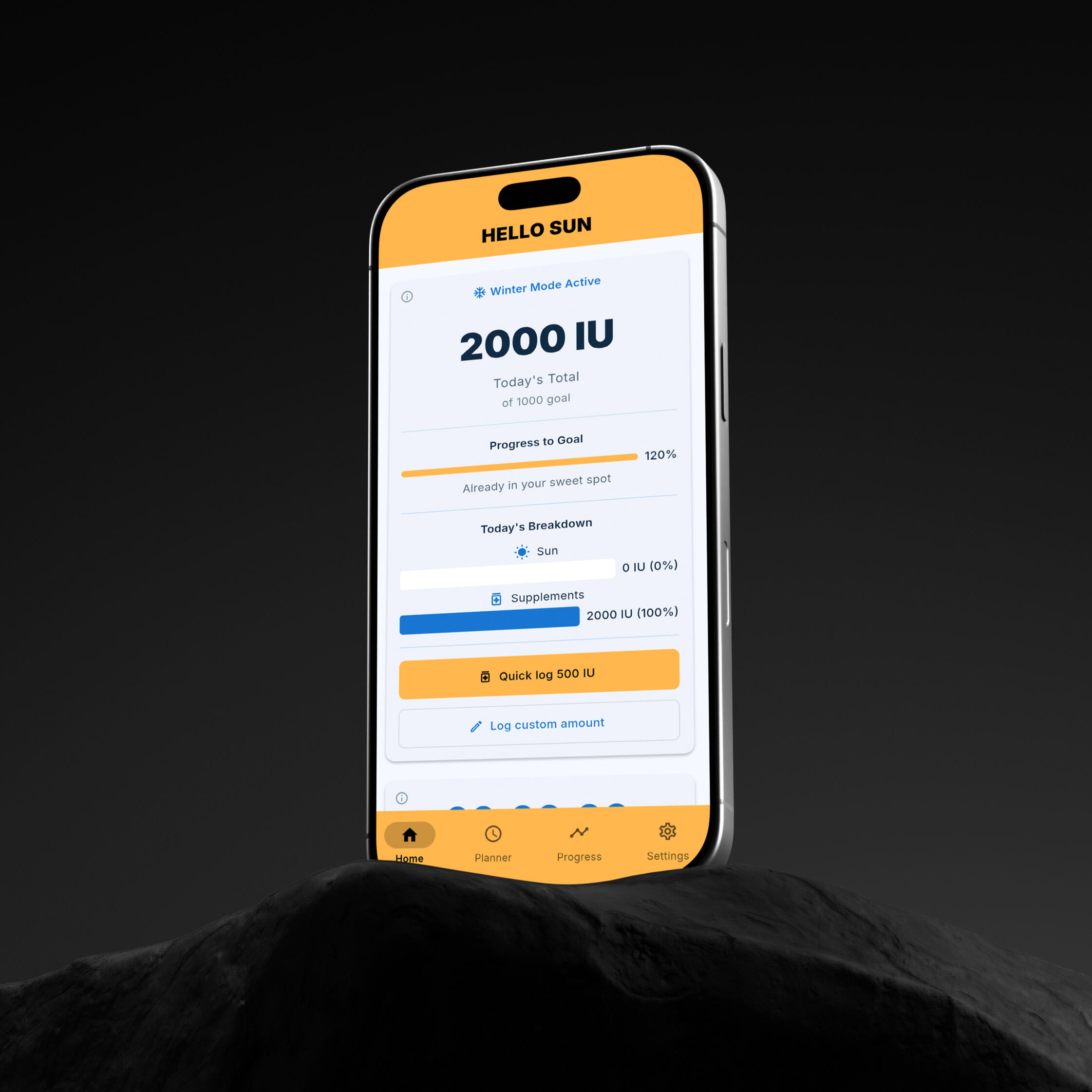 Hello Sun winter mode screen showing vitamin D total, goal progress, and supplement logging
